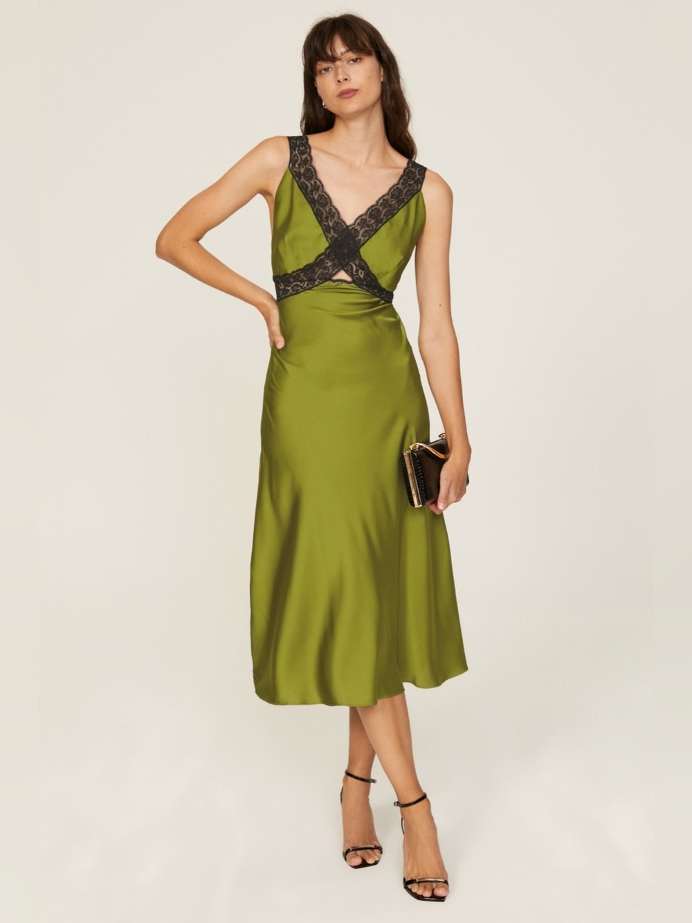 Anthropologie green slip dress with black lace size large